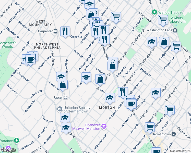 map of restaurants, bars, coffee shops, grocery stores, and more near 119 West Cliveden Street in Philadelphia