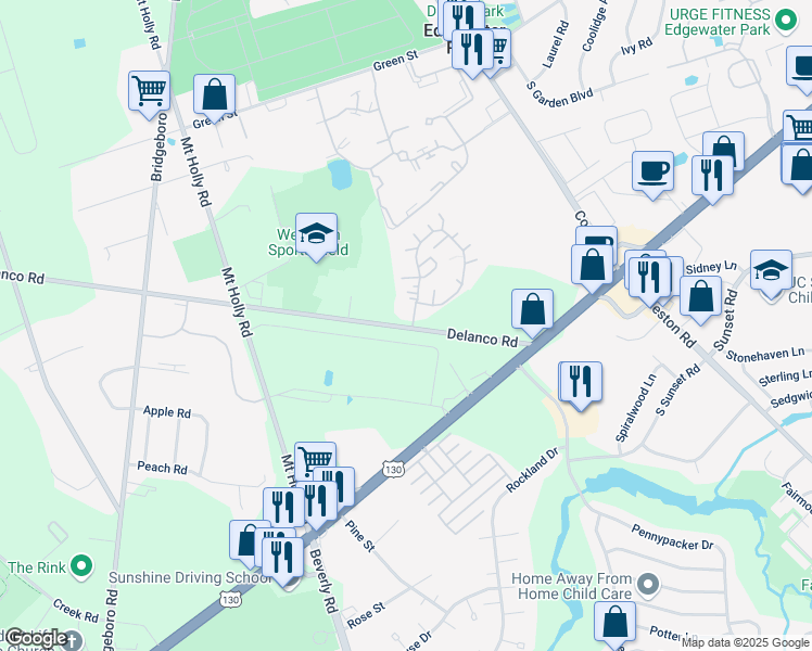 map of restaurants, bars, coffee shops, grocery stores, and more near 100 Delanco Road in Edgewater Park