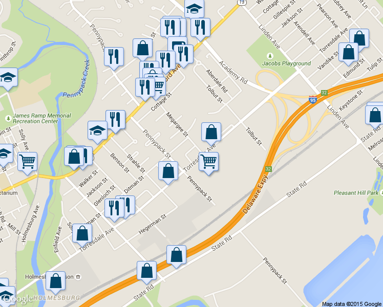 map of restaurants, bars, coffee shops, grocery stores, and more near 8760 Marsden Street in Philadelphia