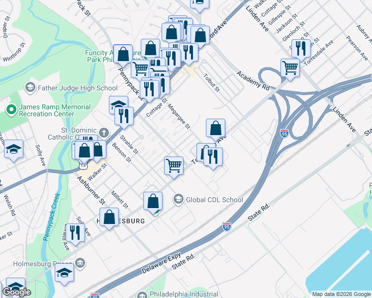 map of restaurants, bars, coffee shops, grocery stores, and more near 8722 Ditman Street in Philadelphia