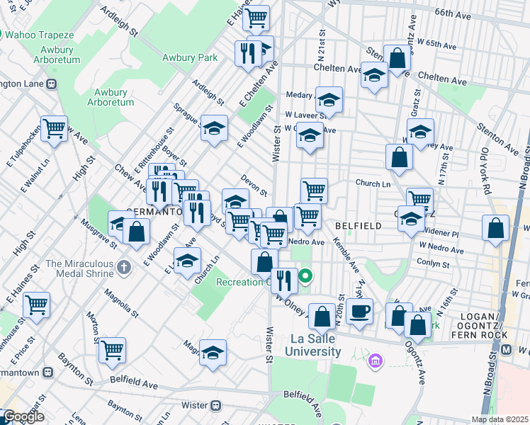 map of restaurants, bars, coffee shops, grocery stores, and more near 917R Church Lane in Philadelphia