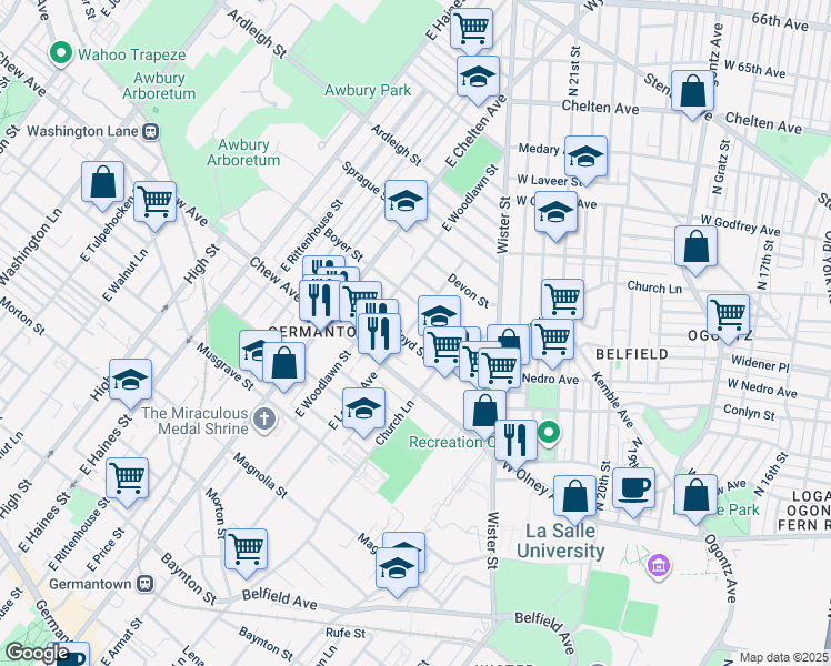 map of restaurants, bars, coffee shops, grocery stores, and more near 850 East Locust Avenue in Philadelphia