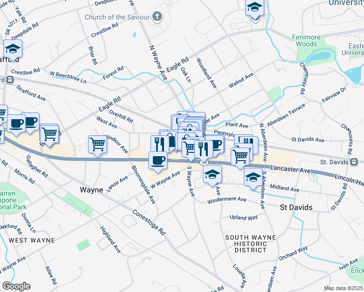 map of restaurants, bars, coffee shops, grocery stores, and more near in Wayne