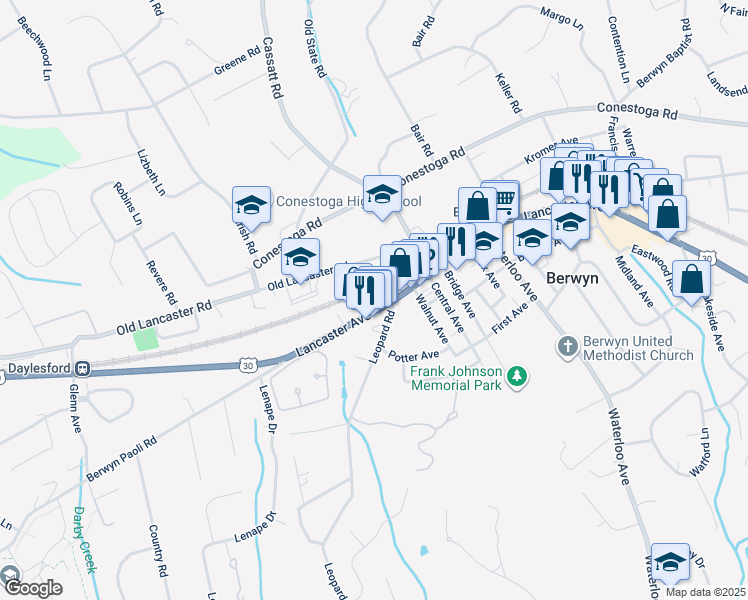 map of restaurants, bars, coffee shops, grocery stores, and more near 1015 Lancaster Avenue in Berwyn