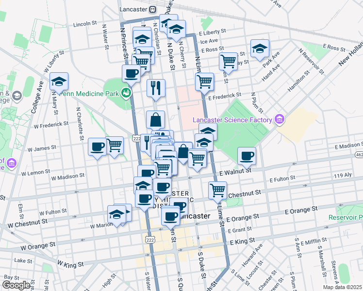 map of restaurants, bars, coffee shops, grocery stores, and more near 430 North Duke Street in Lancaster