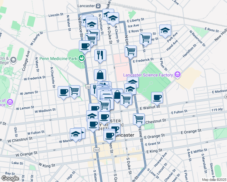 map of restaurants, bars, coffee shops, grocery stores, and more near 430 North Duke Street in Lancaster
