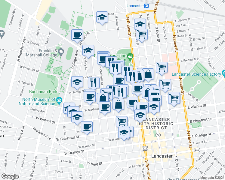 map of restaurants, bars, coffee shops, grocery stores, and more near 315 West James Street in Lancaster