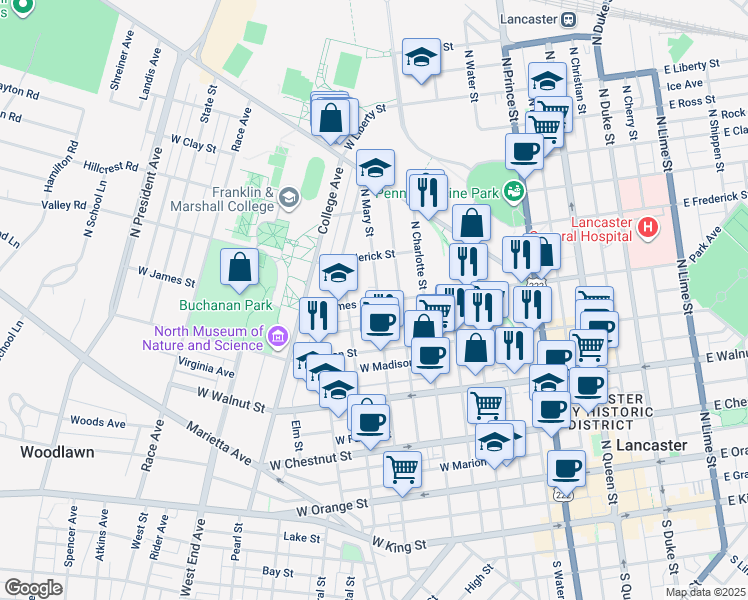 map of restaurants, bars, coffee shops, grocery stores, and more near 441 West James Street in Lancaster