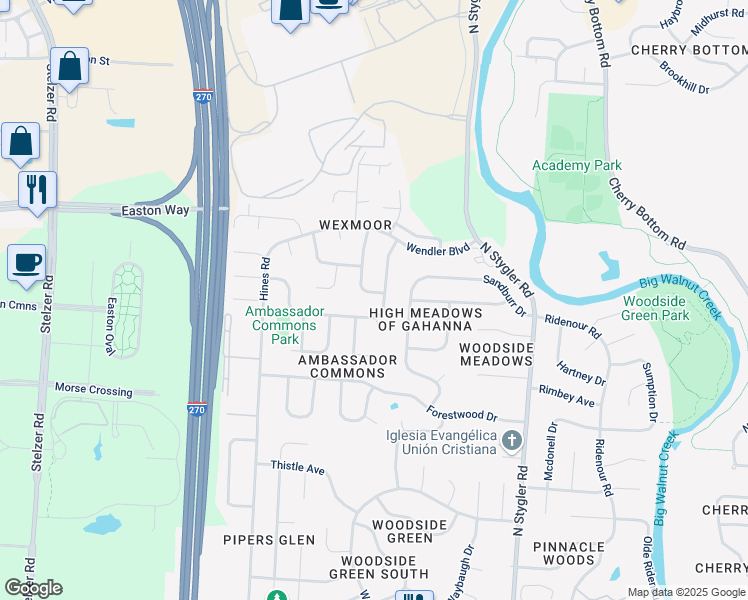 map of restaurants, bars, coffee shops, grocery stores, and more near 3470 Meldrake Street in Columbus
