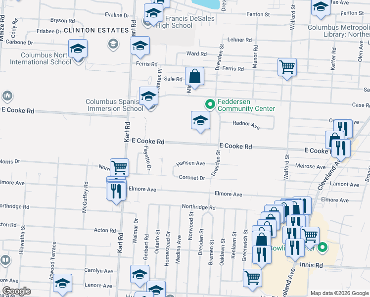 map of restaurants, bars, coffee shops, grocery stores, and more near 1620 East Cooke Road in Columbus
