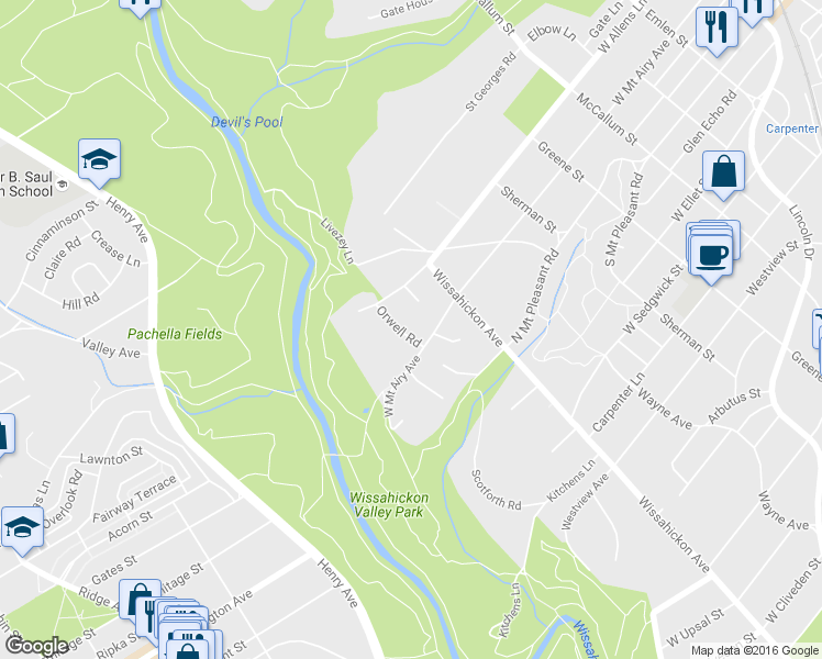 map of restaurants, bars, coffee shops, grocery stores, and more near 7225 Orwell Road in Philadelphia