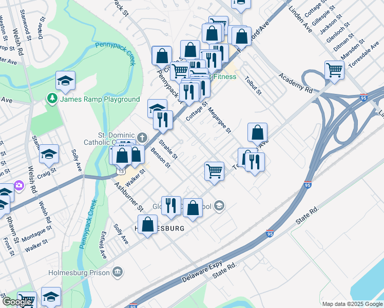 map of restaurants, bars, coffee shops, grocery stores, and more near 8634 Glenloch Street in Philadelphia