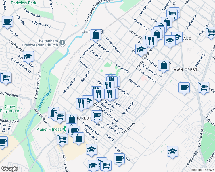 map of restaurants, bars, coffee shops, grocery stores, and more near 475 East Howell Street in Philadelphia