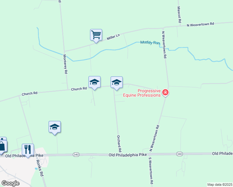map of restaurants, bars, coffee shops, grocery stores, and more near 67 Orchard Road in Bird in Hand