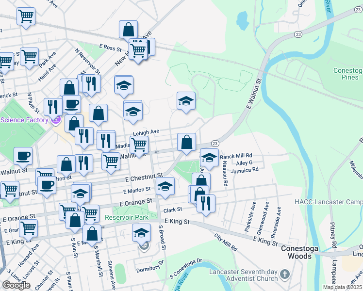 map of restaurants, bars, coffee shops, grocery stores, and more near 1015 East Walnut Street in Lancaster