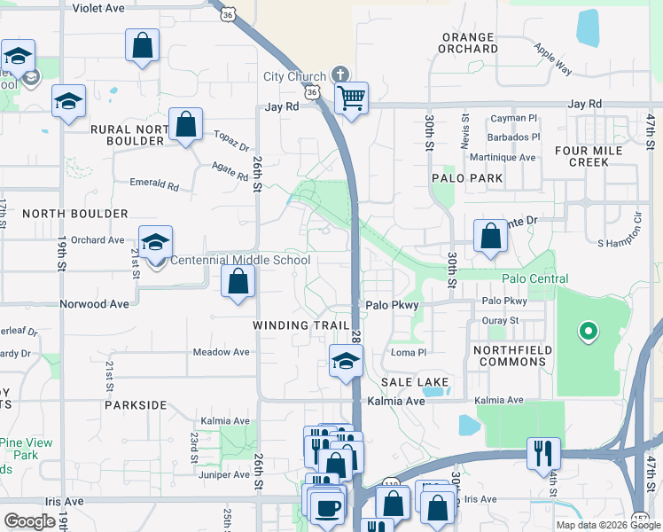 map of restaurants, bars, coffee shops, grocery stores, and more near 2734 Northbrook Place in Boulder