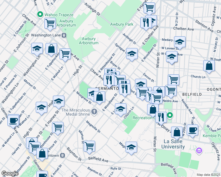 map of restaurants, bars, coffee shops, grocery stores, and more near 740 East Chelten Avenue in Philadelphia