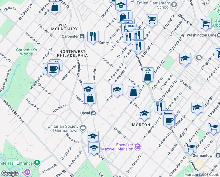 map of restaurants, bars, coffee shops, grocery stores, and more near 6525 Cherokee Street in Philadelphia
