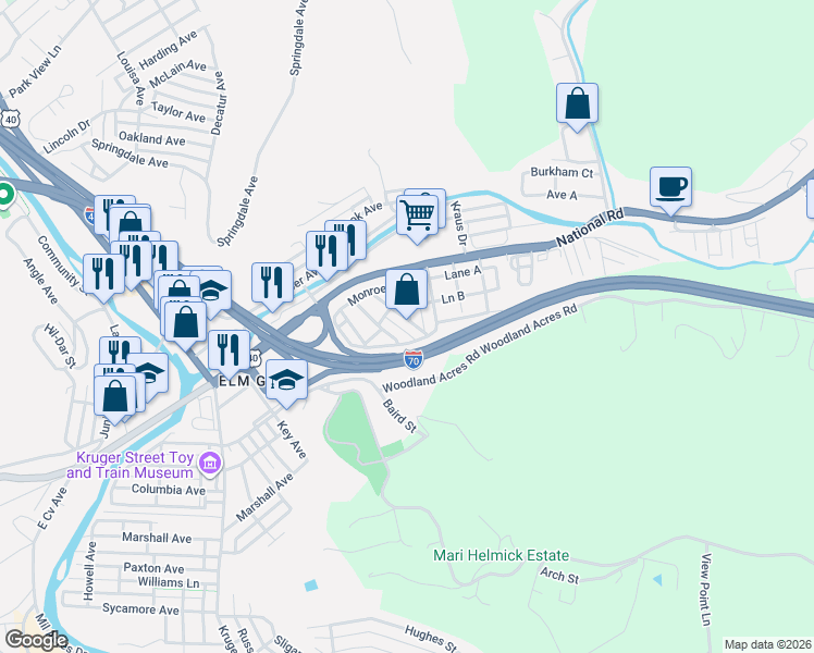map of restaurants, bars, coffee shops, grocery stores, and more near 17 Forest Avenue in Wheeling