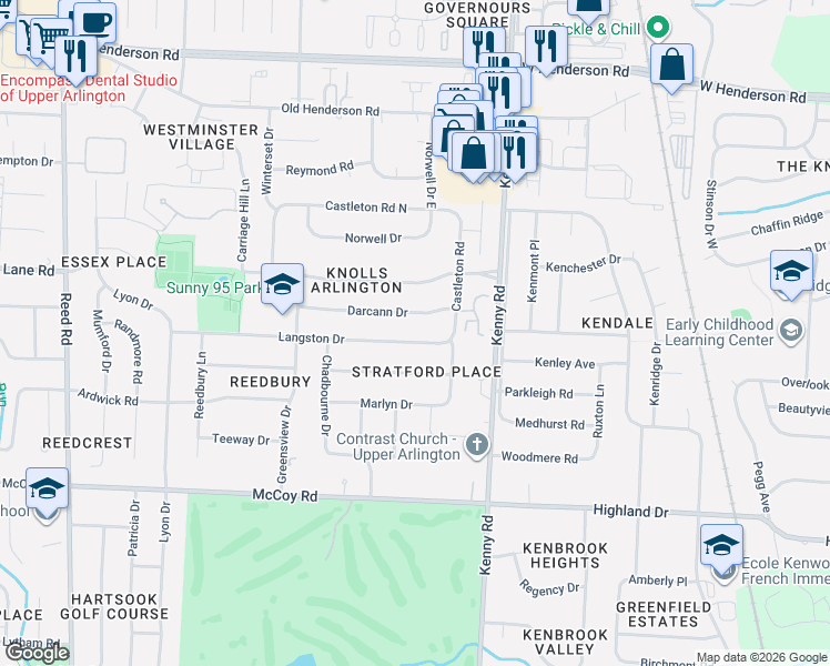 map of restaurants, bars, coffee shops, grocery stores, and more near 1251 Darcann Drive in Columbus
