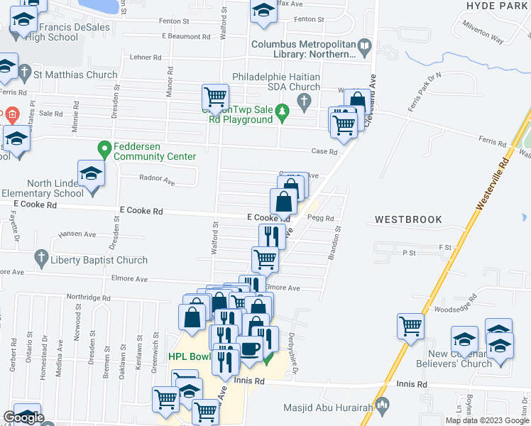 map of restaurants, bars, coffee shops, grocery stores, and more near 2066 East Cooke Road in Columbus