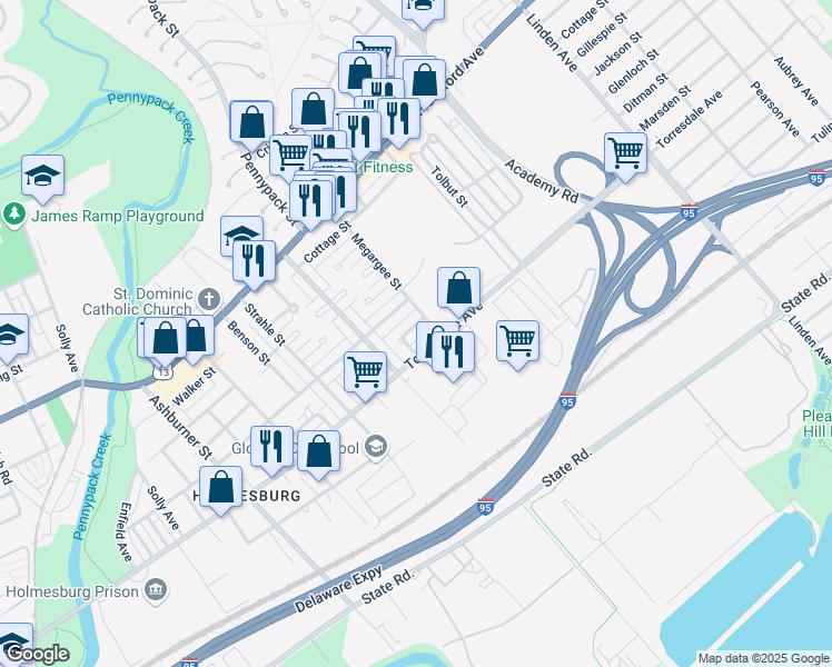 map of restaurants, bars, coffee shops, grocery stores, and more near 8760 Marsden Street in Philadelphia