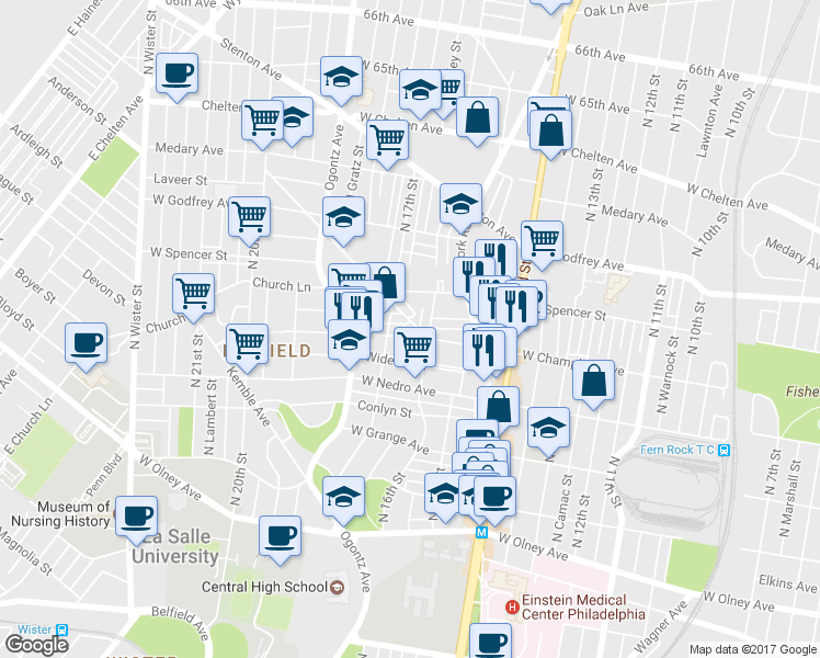 map of restaurants, bars, coffee shops, grocery stores, and more near 1611 West Champlost Street in Philadelphia