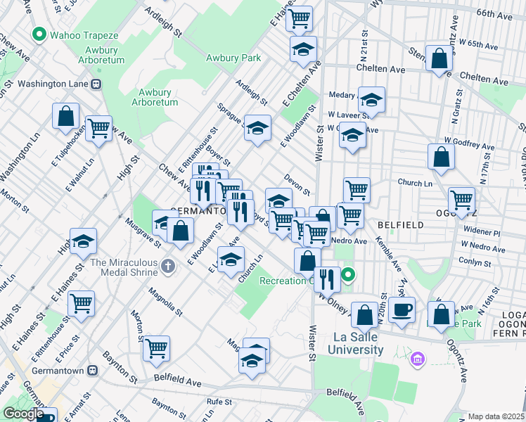 map of restaurants, bars, coffee shops, grocery stores, and more near 858 East Locust Avenue in Philadelphia
