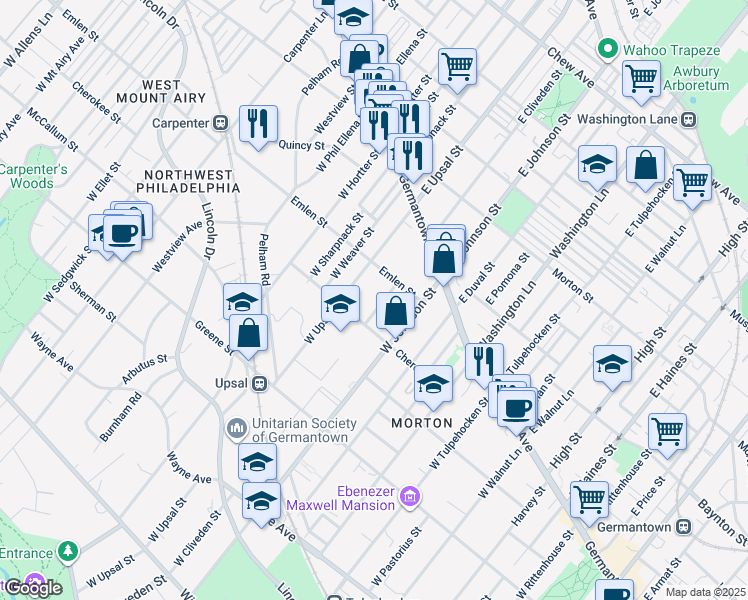 map of restaurants, bars, coffee shops, grocery stores, and more near 119 West Cliveden Street in Philadelphia