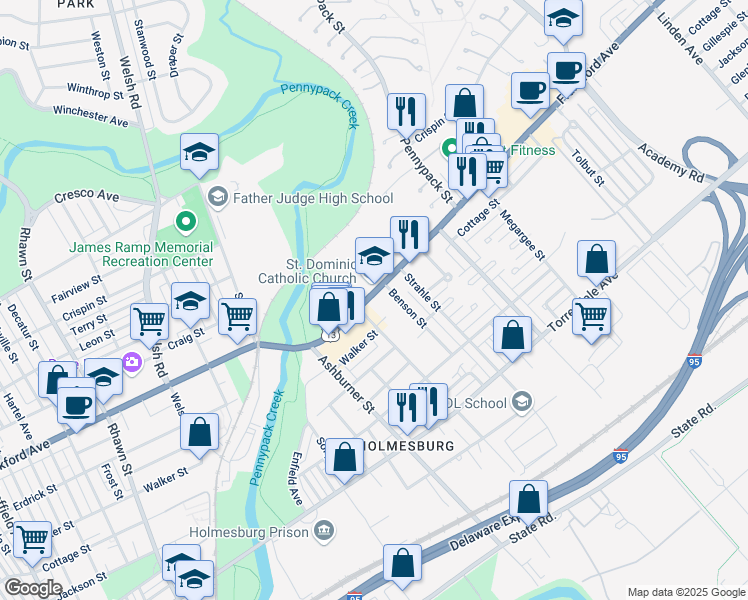 map of restaurants, bars, coffee shops, grocery stores, and more near 8515 Frankford Avenue in Philadelphia
