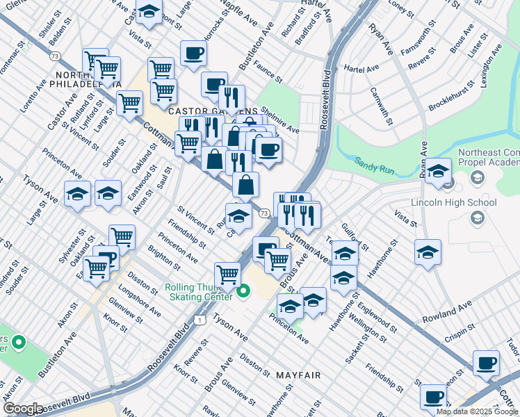 map of restaurants, bars, coffee shops, grocery stores, and more near Pennsylvania 73 in Philadelphia