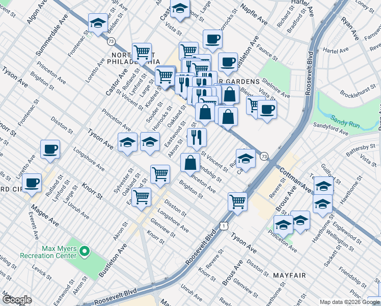 map of restaurants, bars, coffee shops, grocery stores, and more near 7149 Saul Street in Philadelphia