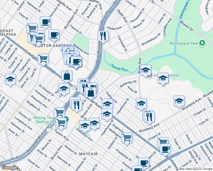 map of restaurants, bars, coffee shops, grocery stores, and more near 7408 Brous Avenue in Philadelphia