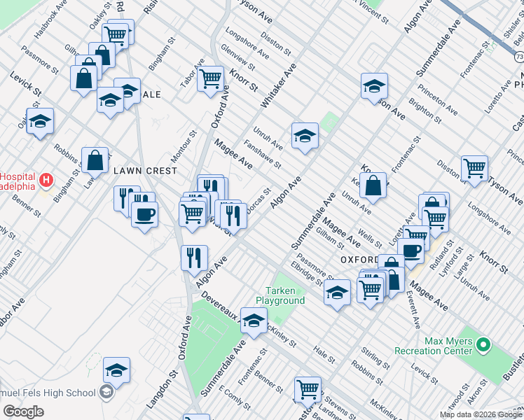 map of restaurants, bars, coffee shops, grocery stores, and more near 6507 Dorcas Street in Philadelphia
