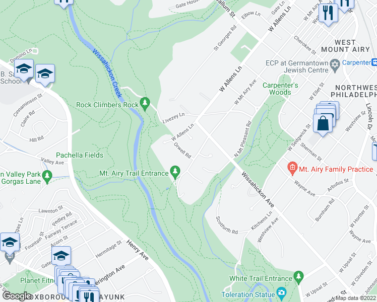 map of restaurants, bars, coffee shops, grocery stores, and more near 7225 Orwell Road in Philadelphia