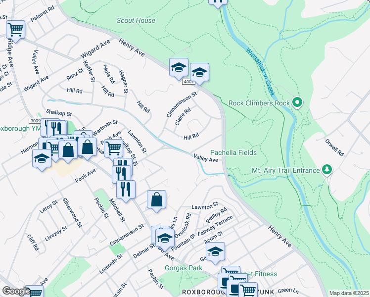 map of restaurants, bars, coffee shops, grocery stores, and more near 7007 Valley Avenue in Philadelphia