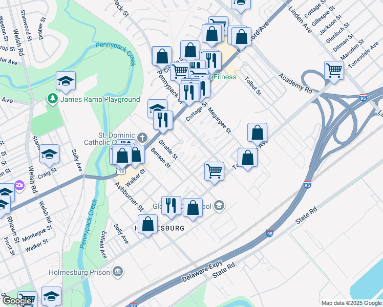 map of restaurants, bars, coffee shops, grocery stores, and more near 8634 Glenloch Street in Philadelphia
