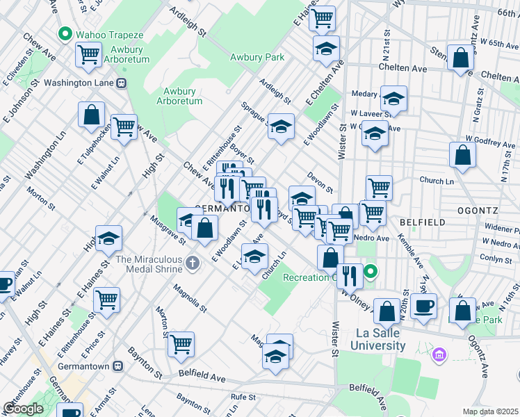 map of restaurants, bars, coffee shops, grocery stores, and more near 822 East Woodlawn Street in Philadelphia