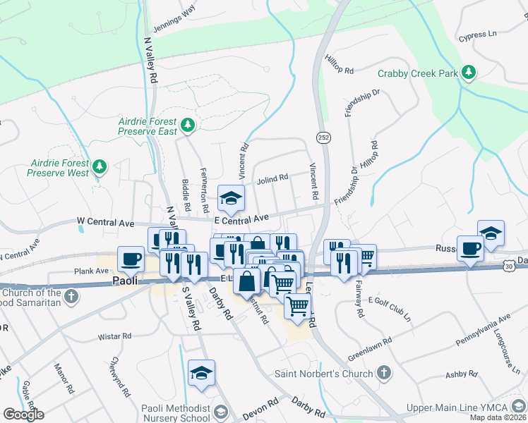map of restaurants, bars, coffee shops, grocery stores, and more near 104 Arlington Road in Paoli