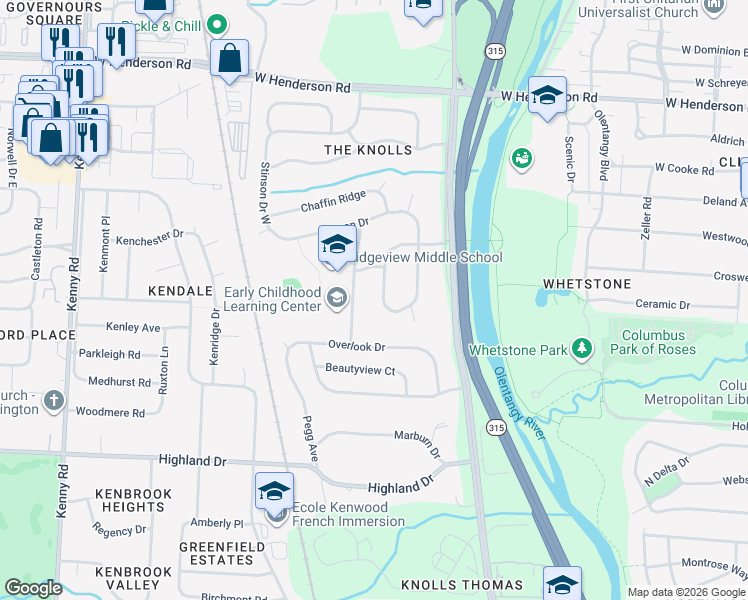 map of restaurants, bars, coffee shops, grocery stores, and more near 4199 Rowanne Road in Columbus