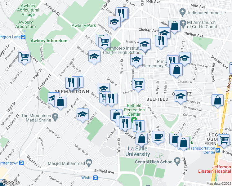 map of restaurants, bars, coffee shops, grocery stores, and more near 929 Church Lane in Philadelphia