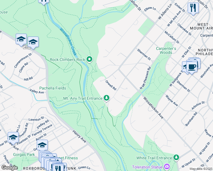 map of restaurants, bars, coffee shops, grocery stores, and more near 7250 Orwell Road in Philadelphia