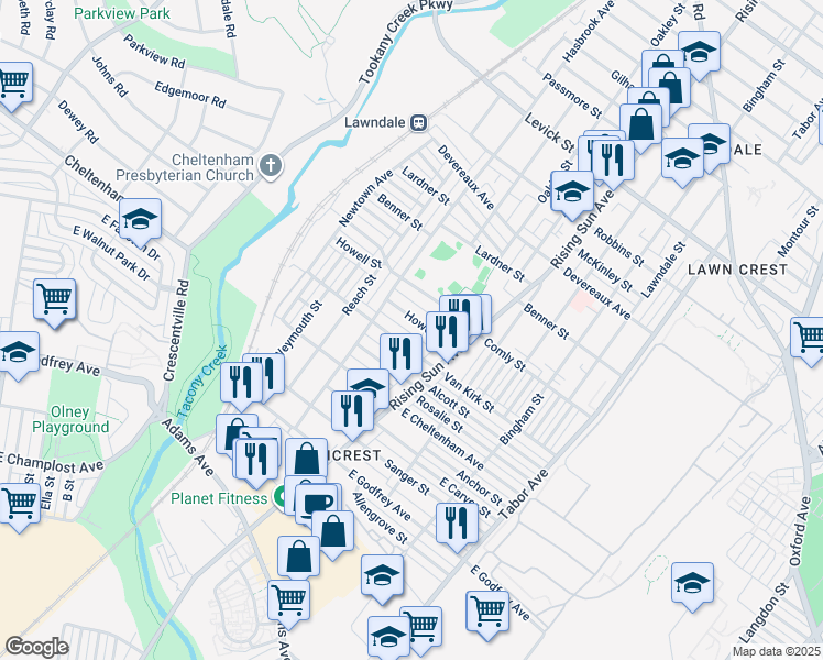 map of restaurants, bars, coffee shops, grocery stores, and more near 450 East Howell Street in Philadelphia