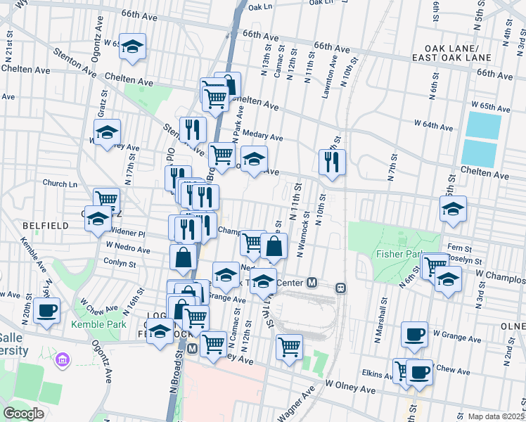 map of restaurants, bars, coffee shops, grocery stores, and more near 6042 North 12th Street in Philadelphia