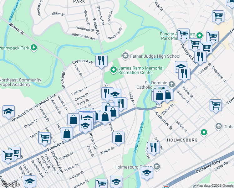 map of restaurants, bars, coffee shops, grocery stores, and more near 3501 Arthur Street in Philadelphia