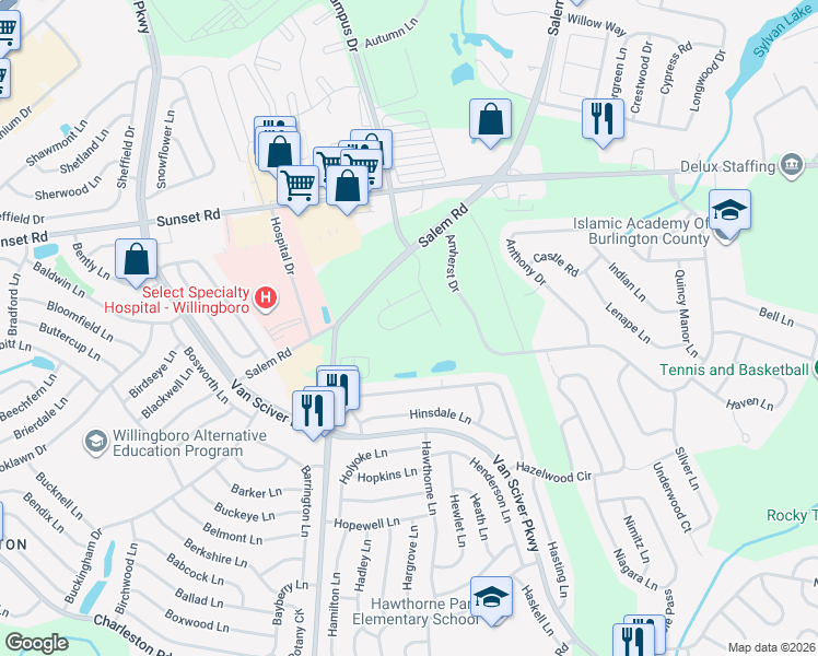 map of restaurants, bars, coffee shops, grocery stores, and more near 29 Peregrine Way in Willingboro