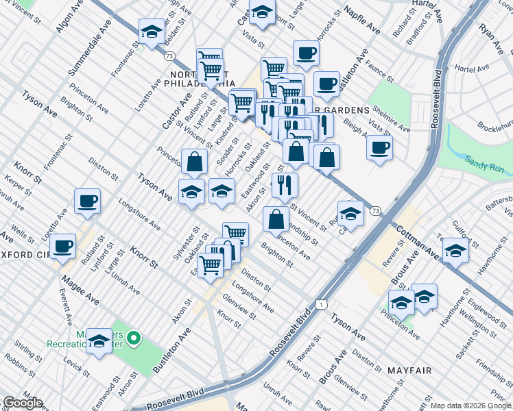 map of restaurants, bars, coffee shops, grocery stores, and more near 7123 Eastwood Street in Philadelphia
