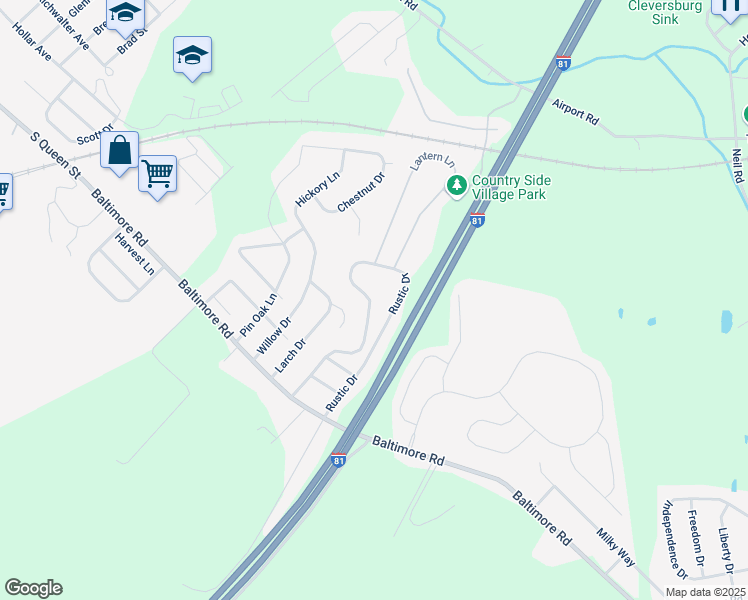 map of restaurants, bars, coffee shops, grocery stores, and more near 87 Rustic Drive in Shippensburg