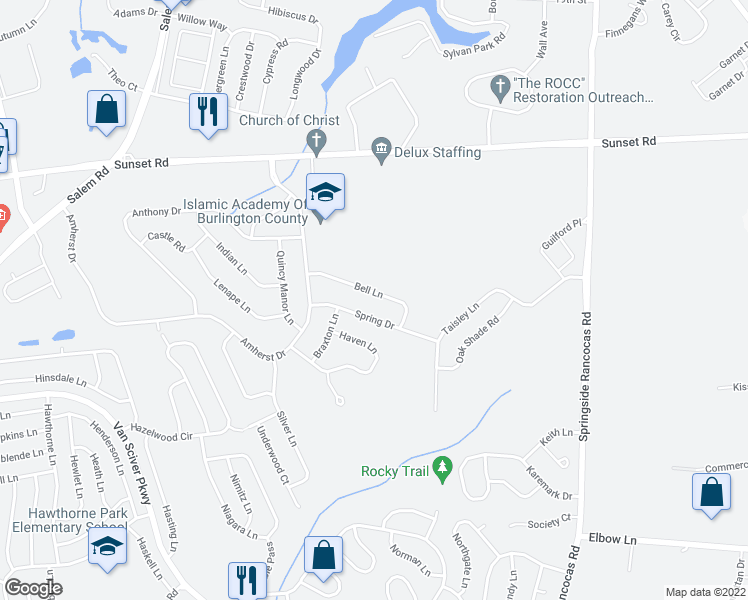 map of restaurants, bars, coffee shops, grocery stores, and more near 12 Bell Lane in Burlington