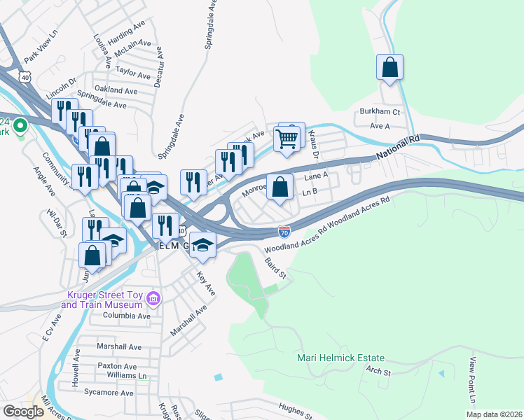 map of restaurants, bars, coffee shops, grocery stores, and more near 119 Gamble Avenue in Wheeling